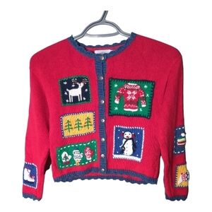 Hartstrings Vintage Christmas Knit Cardigan Festive Patches‎ Embroidery Size 6X